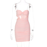 woloong Pure Color Slip Sleeveless Hollow Out Pleated Mini Dress Summer Fall Bodycon Sexy Party Club Elegant Y2K