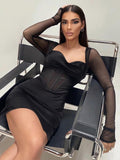 woloong  Solid With Integrated Corset Long See Through Sleeves Sexy Mini Dress  Fall Party Club Elegant Streetwear Outfit