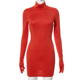 woloong Women Fall Fashion Bodycon Folds Pure Color Long Sleeves With Gloves Mini Dress Female Clothing Streetwear Y2K