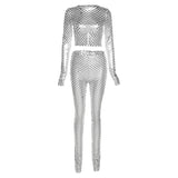 Woloong  Sexy Hollow Out See Through Two Piece Set Sliver O-neck Long Sleeve Crop Top Leggings Streetwear Mesh Patchwork Women Outfits