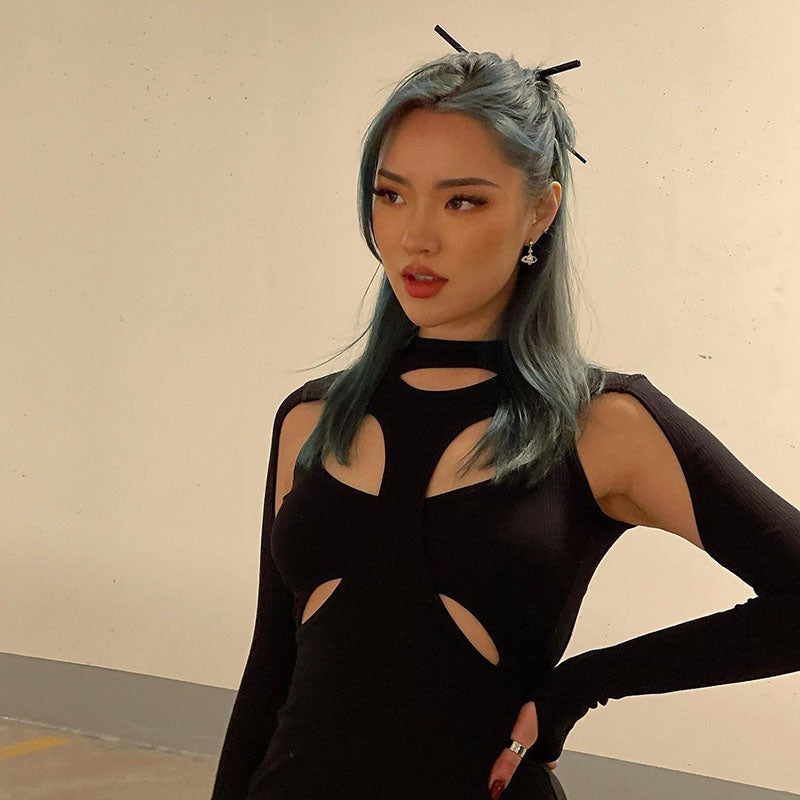woloong Long Sleeve Hollow Out Sexy Mini Dress Summer Women Fashion Streetwear Outfits Y2K Chic Club Wear