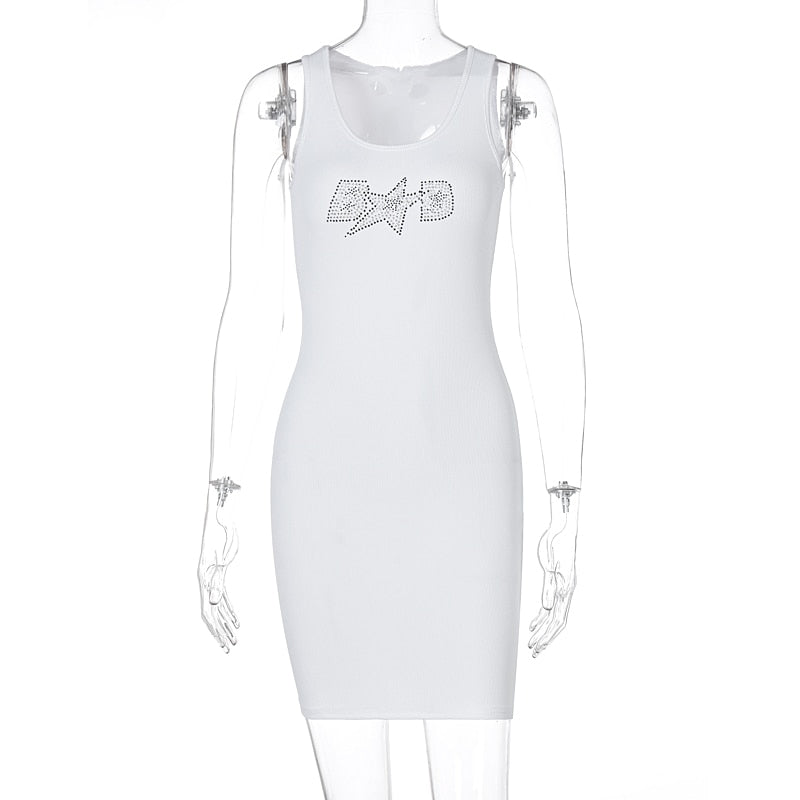woloong Sleeveless Sequined Letter Print Sexy Mini Dress Summer Women Fashion Streetwear Outfits Y2K Party Clothing