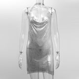 Shiny Luxury Sequined Low Cut Halter Mini Dress Backless Patchwork Split Sleeveless Hollow Out Party Sexy Women Solid Dresses