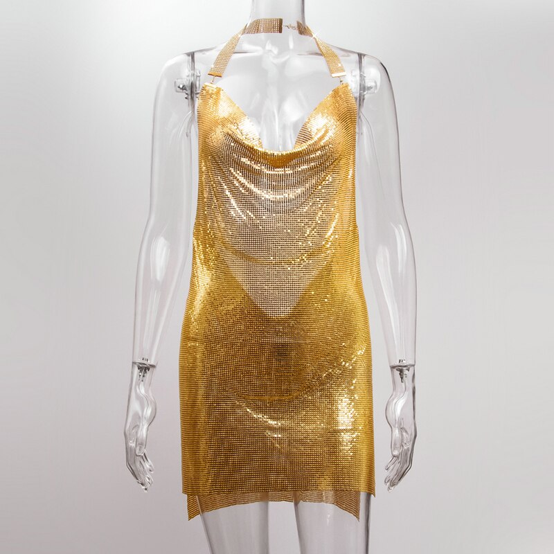 Shiny Luxury Sequined Low Cut Halter Mini Dress Backless Patchwork Split Sleeveless Hollow Out Party Sexy Women Solid Dresses