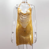 Shiny Luxury Sequined Low Cut Halter Mini Dress Backless Patchwork Split Sleeveless Hollow Out Party Sexy Women Solid Dresses