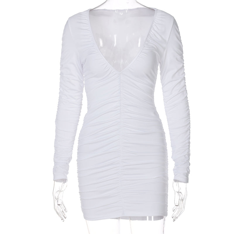 Woloong   Solid Ruched Long Sleeve Deep V Neck Pleated Mini Sexy Dress Summer Autumn Women Fashion Outfits Party Club Y2K