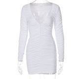 Woloong   Solid Ruched Long Sleeve Deep V Neck Pleated Mini Sexy Dress Summer Autumn Women Fashion Outfits Party Club Y2K