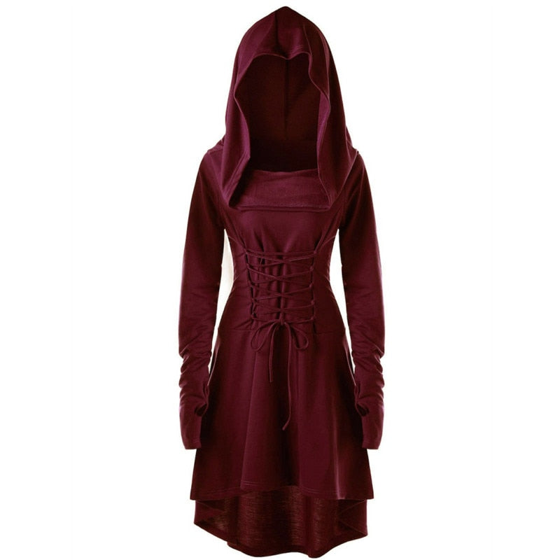 Womens Renaissance Archer cosplay Costumes Hooded Robe Lace Up Vintage Pullover Long Hoodie Dress Cloak Halloween LARP Party