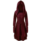 Womens Renaissance Archer cosplay Costumes Hooded Robe Lace Up Vintage Pullover Long Hoodie Dress Cloak Halloween LARP Party