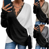 Woloong  Loose Women Sweater Color Block Lace Autumn Winter Office Ladies Knitting Pullover Sweaters