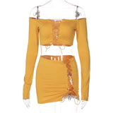 woloong    Solid Long Sleeve Drawstring Ruched Crop Top Sexy Mini Dress 2 Piece Set  Fall Fashion Bodycon Elegant Clothing Y2K