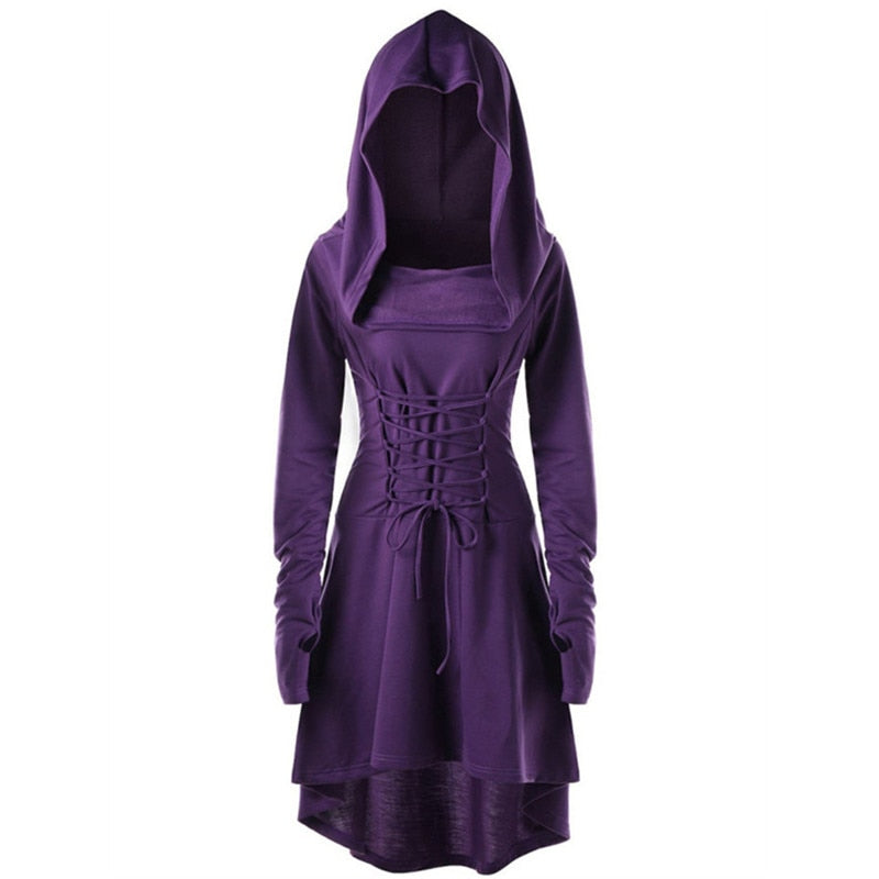 Womens Renaissance Archer cosplay Costumes Hooded Robe Lace Up Vintage Pullover Long Hoodie Dress Cloak Halloween LARP Party