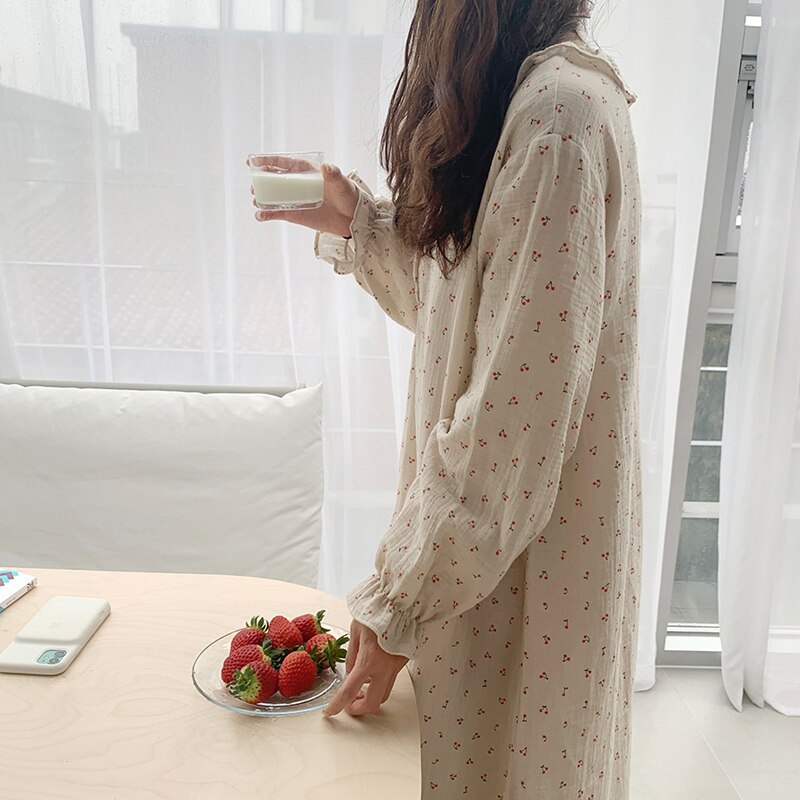 Ruffles Sleep Dress Women Long Sleeve Kawaii Cherry Print Korean Sleepwear Homewear Long Dress Autumn Elegant Casual Loose