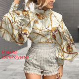 Woloong Fashion Shirts Autumn Women Big Lantern Sleeve Bohemian Floral Print Blouse Casual Loose Stand Collar Elegant Tops