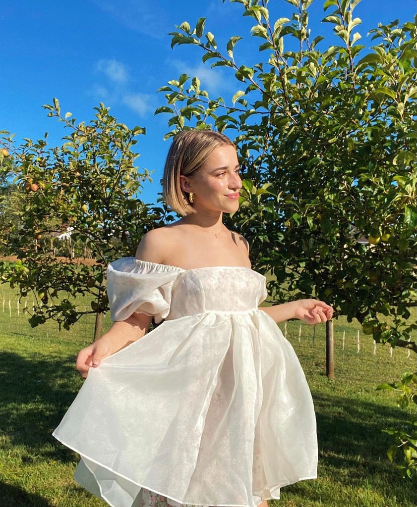 2 ways Wear Chiffon Floral Print Spliced Organza Ball Gown Dress Puff Sleeve Retro Women Swing Short Dresses Fairy