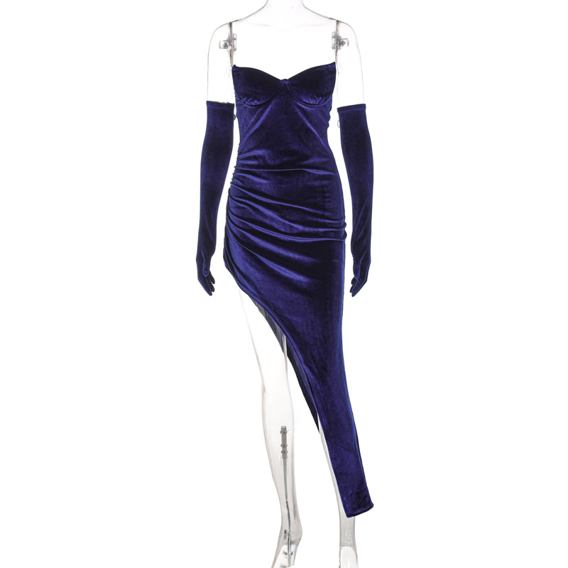 woloong Velvet Off Shoulder With Gloves Irregular Mini Dress Solid Fall Bodycon Evening Party Elegant Vestido