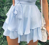 woloong Women Solid Ruffles Hem Strap Short Sleeve Cold Shoulder Mini Dress Summer Mini Dress