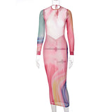 woloong  Women Autumn Long Sleeve Halter Printed Mesh See Through Backless Vestido Bodycon Midi Dress Clothes Wholesale