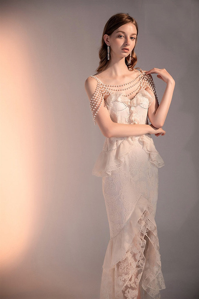 Lace Crochet Ruffles Bodycon Midi Dress Summer Spaghetti Strap Pearl Beading Party Irregular Dresses Women Elegant