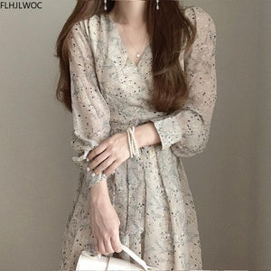 Woloong Autumn Basic Long Dress Long Sleeve V Neck Floral Printed Retro Vintage A Line Women Dresses Chic Korea Fashion Vestidos