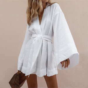 Women's V-Neck Kimono Cardigan Mini Dress Cotton Linen Long Sleeve Sashes Dresses Robe Style Lace Up Summer Loose