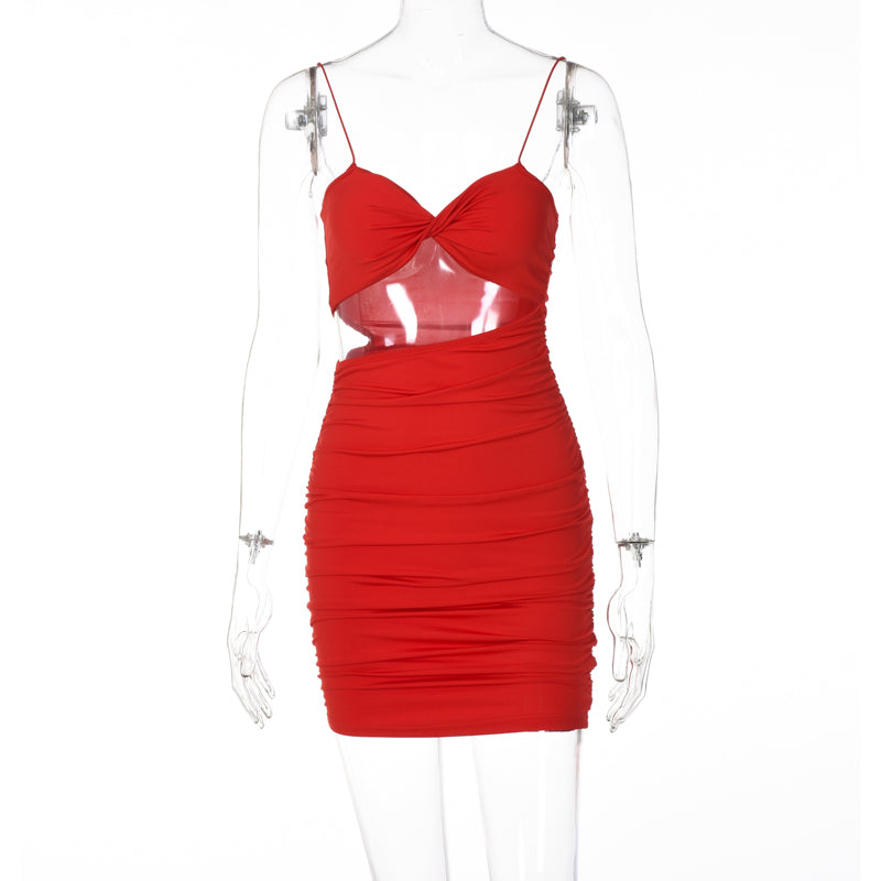 woloong Pure Color Slip Sleeveless Hollow Out Pleated Mini Dress Summer Fall Bodycon Sexy Party Club Elegant Y2K