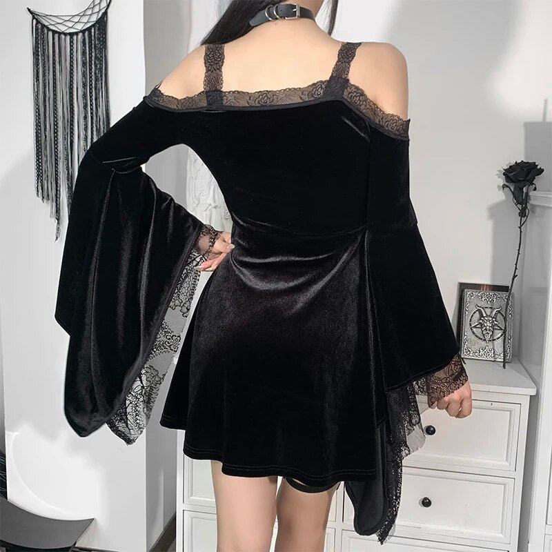 Goth Sexy Flare Sleeve Black Dress Y2K Harajuku High Waist A Line Mini Dresses Off Shoulder Punk Halloween Autumn Dress