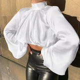 Silk White Black Cropped Top Ladies Blouse Puff Sleeve Ruched Turtleneck Women Long Sleeve Shirt Casual Sexy Loose Top