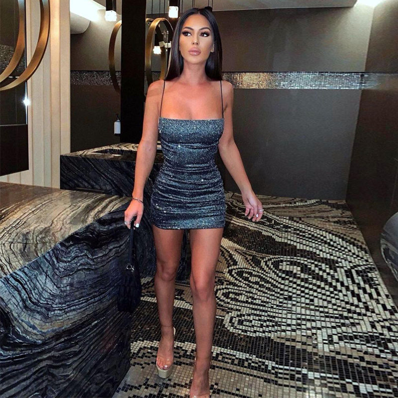 woloong Sleeveless Sequined Shiny Sexy Mini Dress Summer Women Fashion Streetwear Outfits Party Y2K Club Clothing