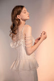 Lace Crochet Ruffles Bodycon Midi Dress Summer Spaghetti Strap Pearl Beading Party Irregular Dresses Women Elegant