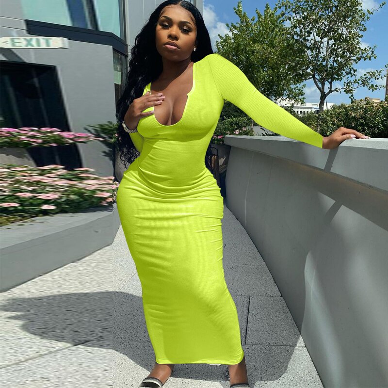 woloong  Long Sleeve Square Collar Ribbed Skinny Maxi Dress Summer Autumn Women Fashion Sexy Streetwear Lounghe Wear Y2K