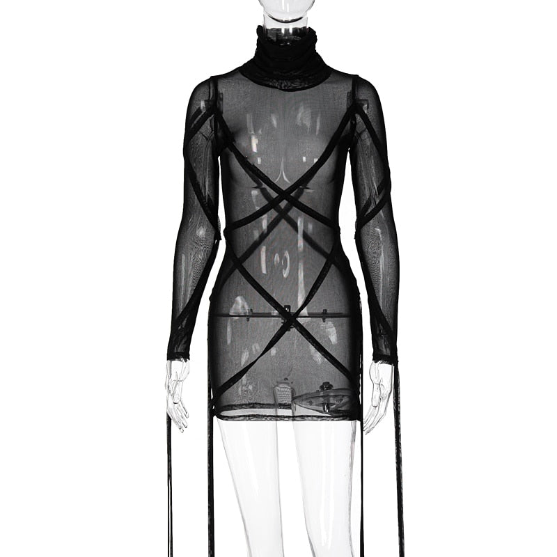 woloong Long Sleeve Mesh See-Through Bandage Sexy Mini Dress Summer Women Streetwear Outfits Y2K Chic Party Club Clothing