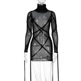 woloong Long Sleeve Mesh See-Through Bandage Sexy Mini Dress Summer Women Streetwear Outfits Y2K Chic Party Club Clothing