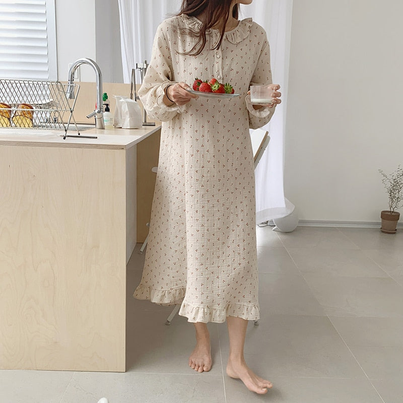 Ruffles Sleep Dress Women Long Sleeve Kawaii Cherry Print Korean Sleepwear Homewear Long Dress Autumn Elegant Casual Loose