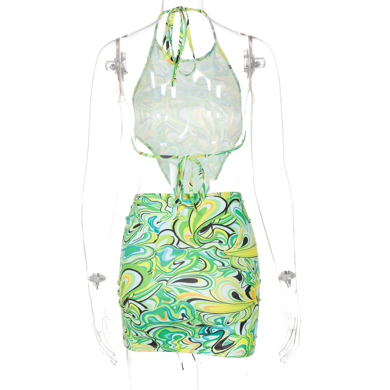 woloong Print Sleeveless Bodycon Halter Hollow Out Sexy Top Mini Dress Set Summer Women Fashion Streetwear Outfits Y2K
