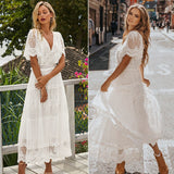 Hollow Out White Dress Sexy Women Long Lace Dress Cross Semi-Sheer Plunge V-Neck Short Sleeve Lace Maxi Dress