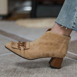 Woloong Autumn Ladies Sheep Suede Fringe Ankle Boots Zip Chunky High Heel Square Toe Chain Tassel Boots Fashion Women Modern Boots