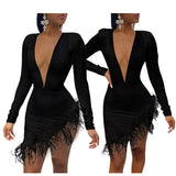 Woloong  Women Solid Long Sleeve Feather Mesh Stitching Slim Sexy V-Neck Dress Fall Winter Elegant Party Streetwear