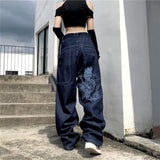American street clothing retro trend pocket jeans female letter star print high waist casual oversized straight pants women