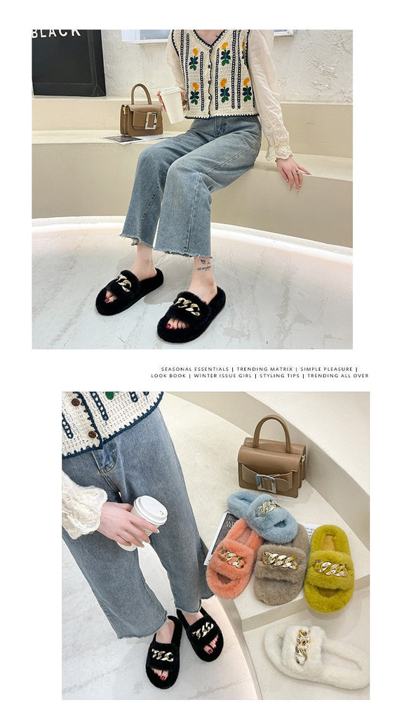 woloong  Women Fashion Metal Chain Warm Fluffy Slippers Cozy Faux Fur  Indoor Floor Outdoor Slides Flat Soft Furry Ladies Celebrities Fli