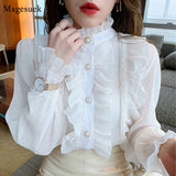 Woloong Korean Ruffle Lace Chiffon Shirt Elegant Sweet Chic Long Puff Sleeve Women Blouse Apricot Tops Stand Collar Clothes Blusas 13433