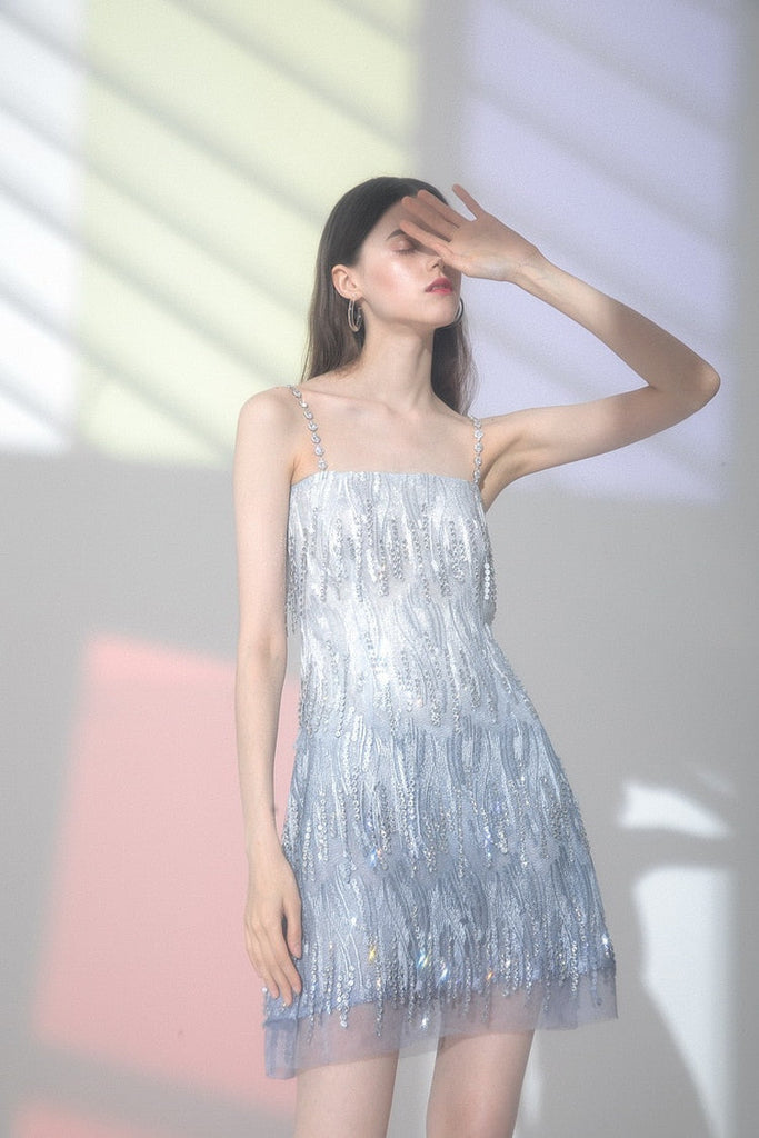 Evening Party Elegant Diamonds Tassel Dress Vestiso Spaghetti Strap A-Line Bodycon Mini Dress Women Summer Dresses
