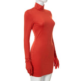 woloong Women Fall Fashion Bodycon Folds Pure Color Long Sleeves With Gloves Mini Dress Female Clothing Streetwear Y2K