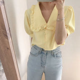 Woloong  Sweet White Chiffon Blouse Women Ruffle Elegant Button Women Shirt Tops Summer Chic Puff Sleeve Blouses Woman Blusas