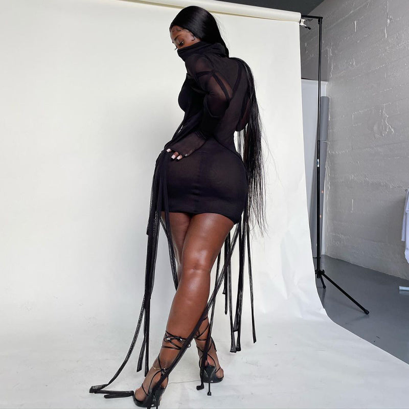 woloong Long Sleeve Mesh See-Through Bandage Sexy Mini Dress Summer Women Streetwear Outfits Y2K Chic Party Club Clothing