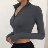 Solid color casual T-shirt women  long sleeves turtleneck crop tops sexy simple style party club spring summer new