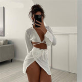 Woloong Autumn Winter 2 Piece Lace Up Long Sleeve Crop Top Slit Mini Skirt Set Matching Co Ords Party Club Fashion Outfit
