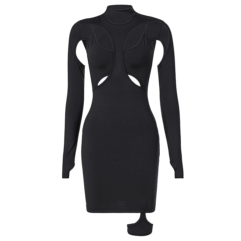 woloong Long Sleeve Hollow Out Sexy Mini Dress Summer Women Fashion Streetwear Outfits Y2K Chic Club Wear