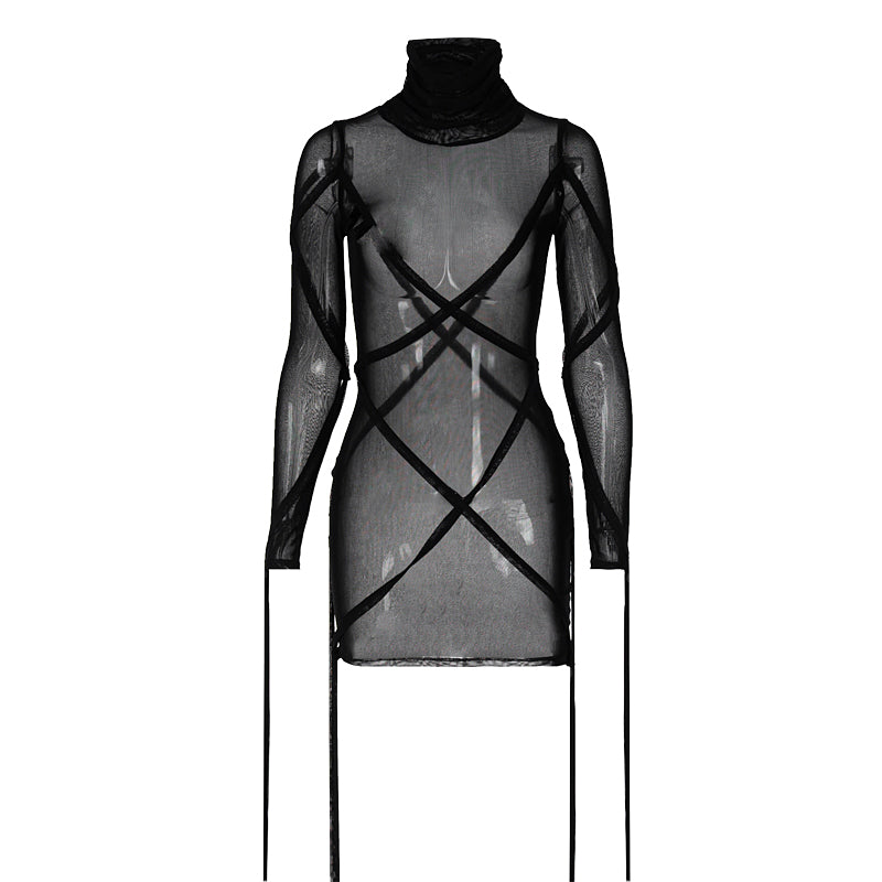 woloong Long Sleeve Mesh See-Through Bandage Sexy Mini Dress Summer Women Streetwear Outfits Y2K Chic Party Club Clothing