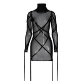 woloong Long Sleeve Mesh See-Through Bandage Sexy Mini Dress Summer Women Streetwear Outfits Y2K Chic Party Club Clothing